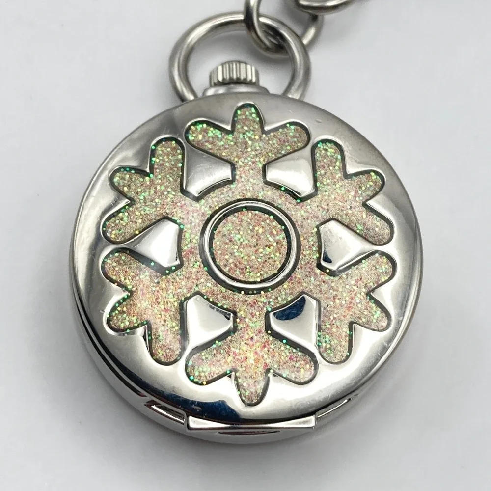 Women's Key Ring Watch Snowflake Silver Tone Blue Dial Winter 32mm New Battery